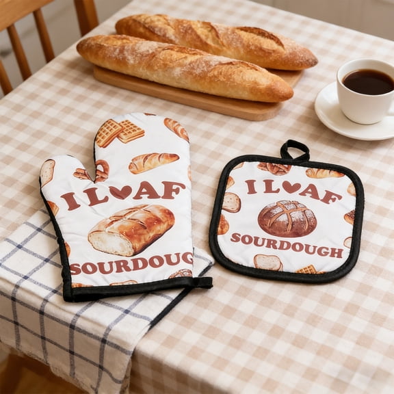 Qiweii Bread Pattern Oven Mitt and Pot Holder Set Heat Resistant 2 Piece Kitchen Accessory