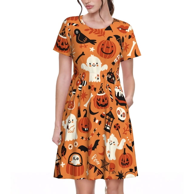 Bixox Robe d'Été à Manches Courtes pour Femmes Robe Ample Longueur Genou avec Poches-Halloween 2