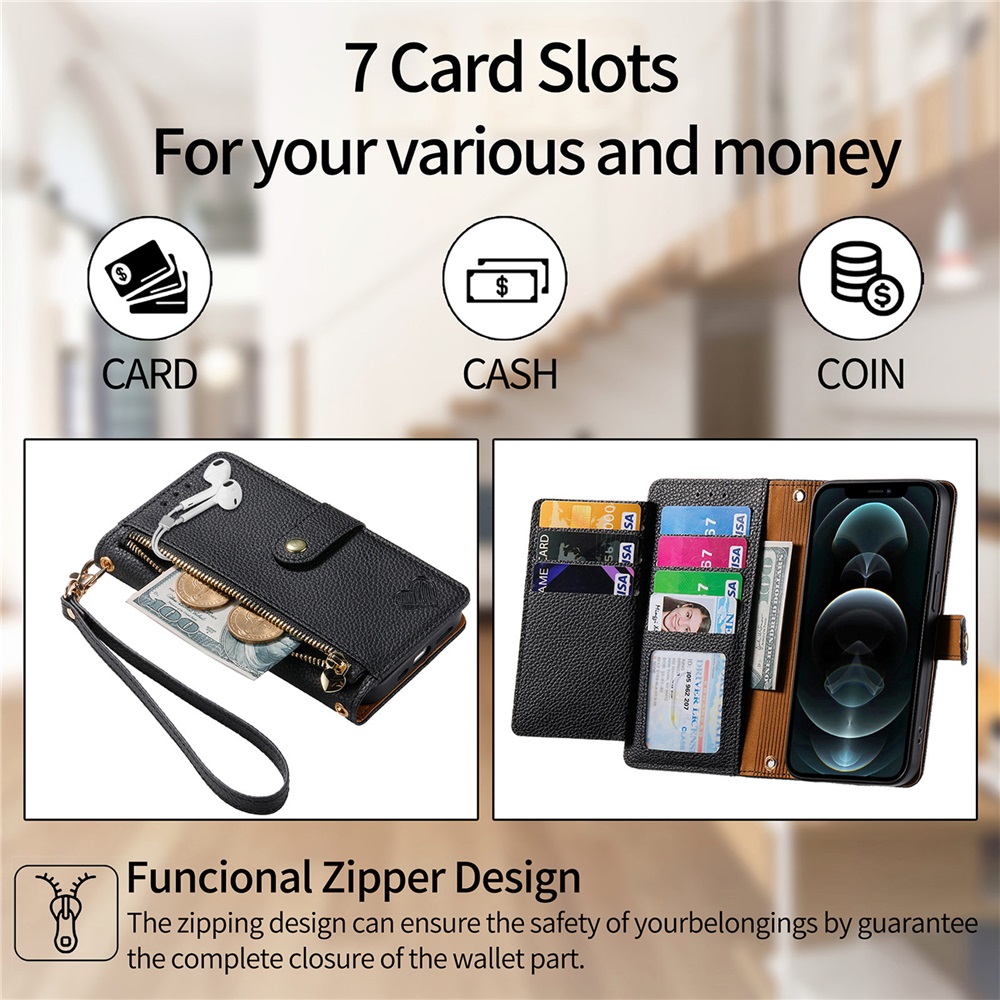 For iPhone 12 Pro Leather Phone Case Wallet Zipper Pocket Pouch Folio Flip Cover Kickstand, Multi Anti-theft Card Holder Cash Slot, Double Magnetic Buckle, Wrist Lanyard,Black,For iPhone 12 Pro