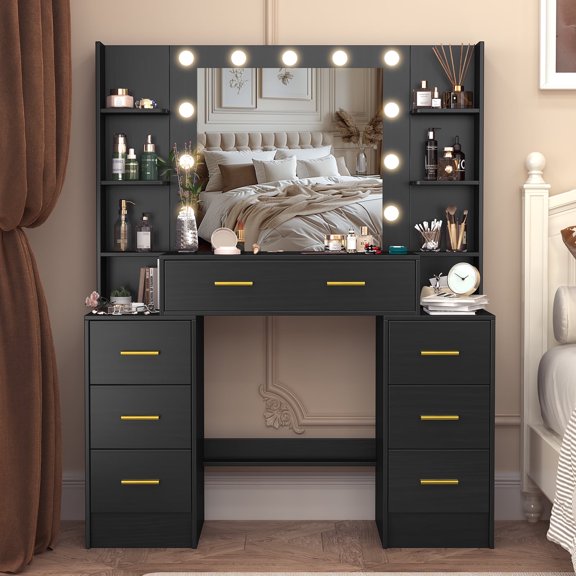 Teousev Makeup Vanity with Lighted Mirror, Black Vanity Desk with 7 Drawers, Bedroom Large Dressing Table for Women