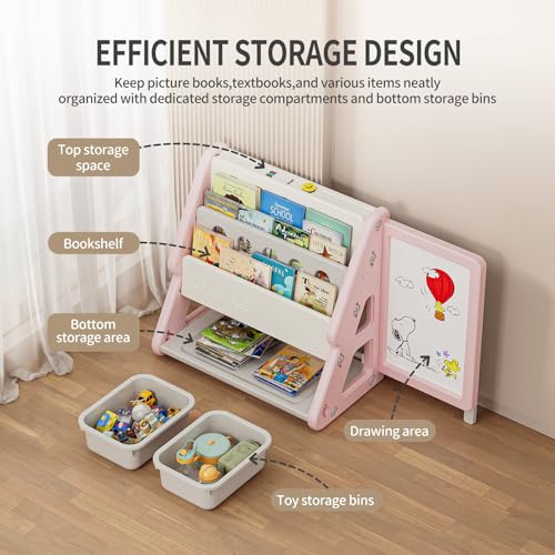 UNICOO® Toddler 3 in 1 Art Board Bookshelf and Organizer, 2-Tier Bookshelves with Storage Rack & Bins, Retractable Drawing Board, Lightweight & Compact for Nursery, Playroom (Pink & White)