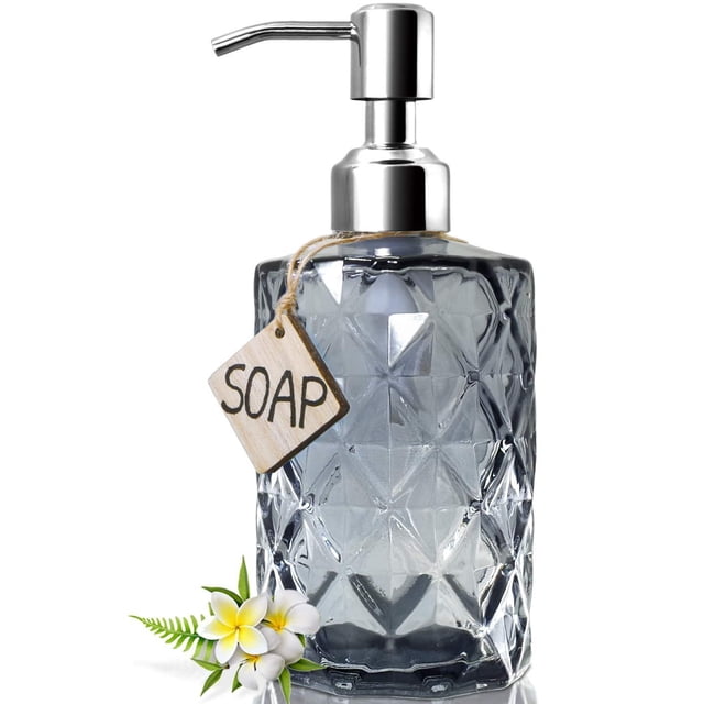 JASAI Diamond Design Glass Soap Dispenser with 304 Rust Proof Stainless Steel Soap Pump, 12 Ounce Kitchen Soap Dispenser for Bathroom, Hand Soap, Dish Soap (Grey) Grey