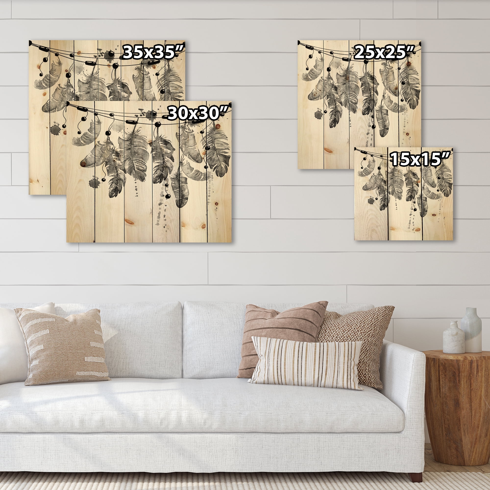 Designart 'Hanging Monochrome Bird Feathers' Bohemian & Eclectic Print on Natural Pine Wood