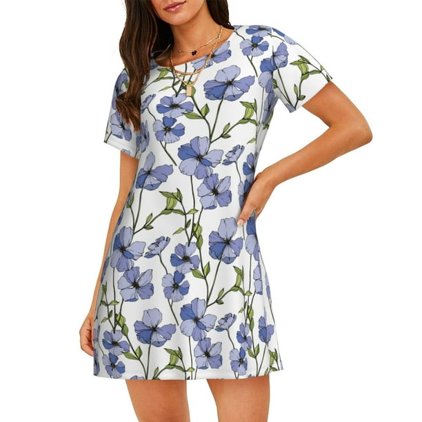 Balery Blue Flax Flowers Camisón de manga corta con cuello redondo para mujer, cómodo y elegante.