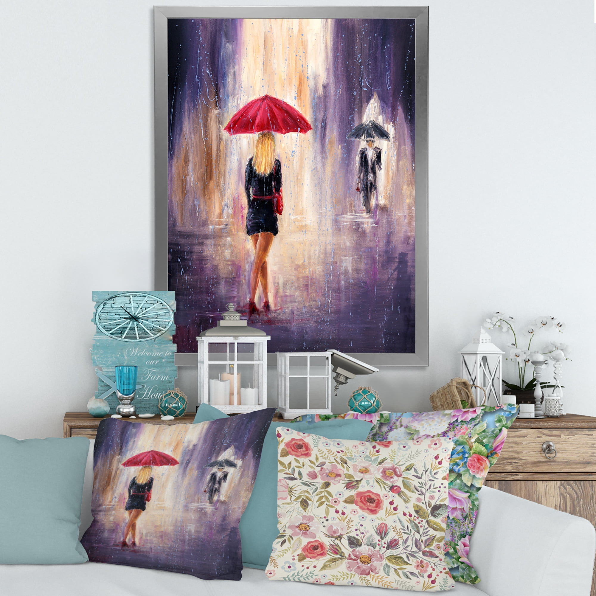 Designart 'The Girl With The Umbrella Walking In The Rain II' French Country Framed Art Print