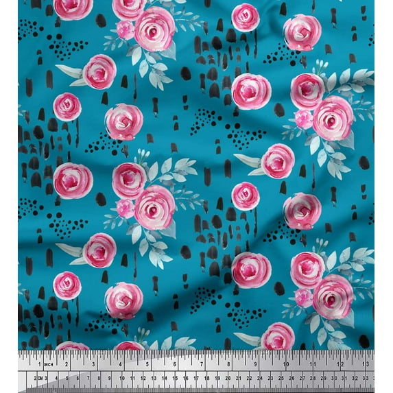 Soimoi Blue Japan Crepe Satin Fabric Brush Stroke & Ranunculus Floral Printed Fabric 1 Yard 44 Inch Wide