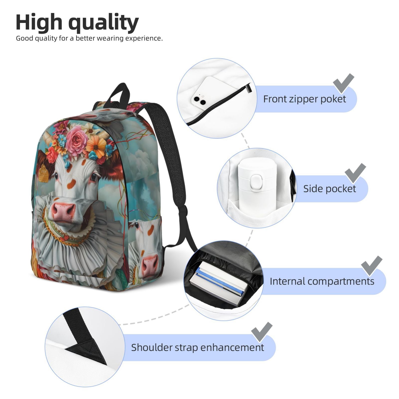 Picia Vintage Colorful Floral Cow Printed Canvas Daypack - Stylish and Durable Vintage Compact Backpack - Class, Work, Travel, or Laptop Bookbag,Organized Compartments-Medium