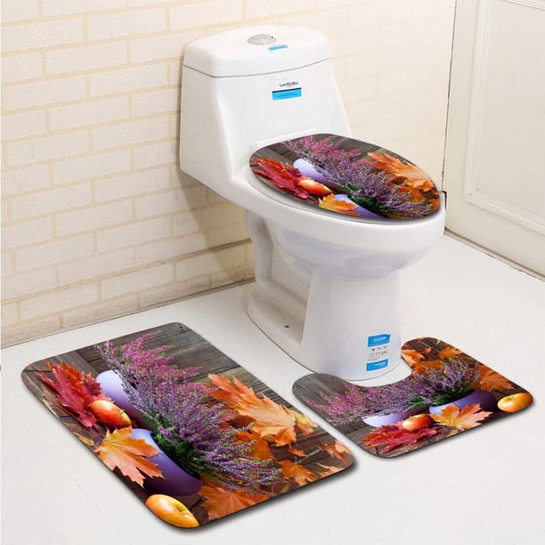 ABPHQTO Arce colorido floreciente del brezo deja frutas jugosas en tablas de madera Juego de alfombras de baño de 3 piezas Alfombra de baño Alfombra de contorno y tapa de inodoro