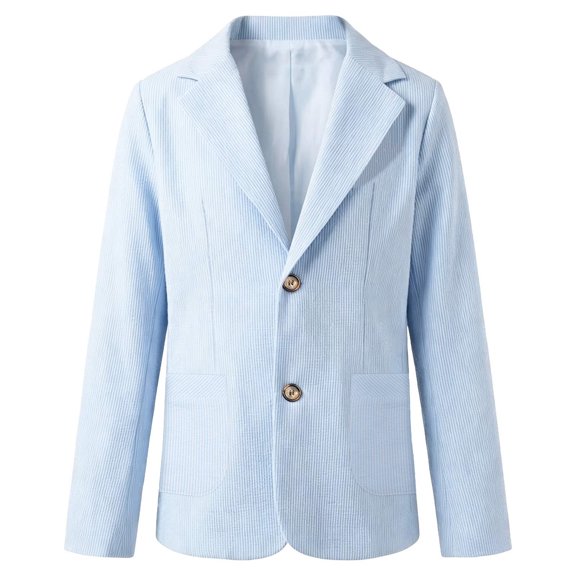 Boys Seersucker Blazer Jacket, Lightweight Breathable Kids Casual Dressy Suit Coat, Modern‑Fit Long Sleeve Outerwear for Back to School Daily Leisure Wear(Light Blue,5-6 Years)