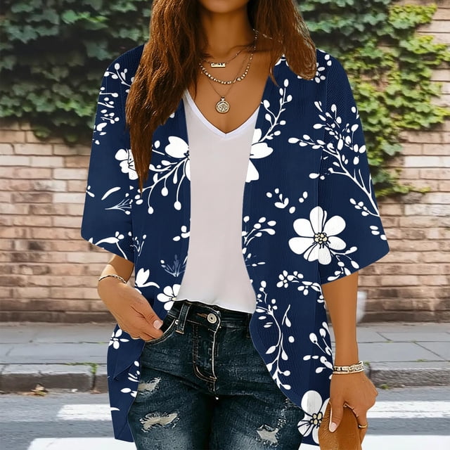 Xuyuer Spring Beach Cover-Up Cardigan - Women's 3/4 Sleeve Casual Shirt for Summer Seaside Outings, Resort Vacations, Breezy Seasonal Layering Top & Coastal Stroll Essentials