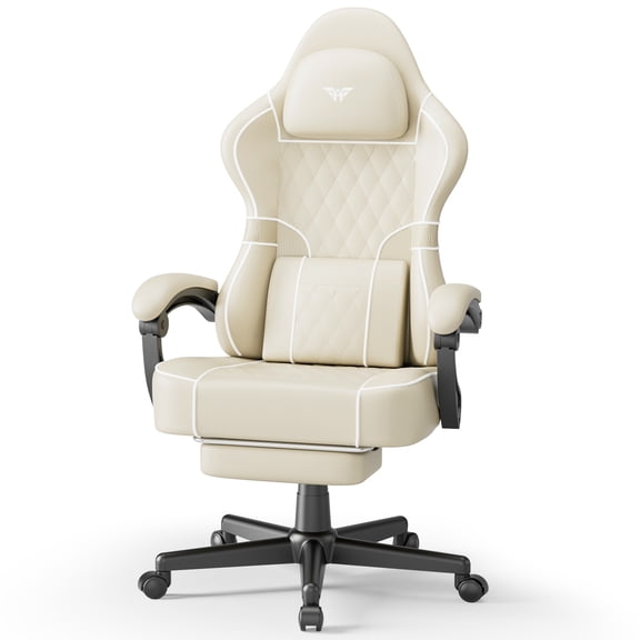 Ergonomic Gaming Chair with Footrest and Massage Lumbar Support, High Back Computer Desk Chair with Linkage Armrest for Adults (Beige)
