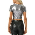 thumbnail image 3 of INSPIRE CHIC Crop Tops Metálicos para Mujeres con Manga Corta y Abertura para Fiesta de Halloween Top Brillante Holográfico XS Negro Plateado, 3 of 5