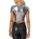 thumbnail image 3 of INSPIRE CHIC Crop Tops Metálicos para Mujeres con Manga Corta y Abertura para Fiesta de Halloween Top Brillante Holográfico M Negro Plateado, 3 of 5