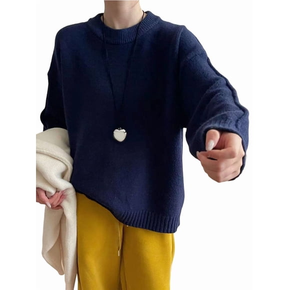 Womens Crew Neck Sweaters Long Sleeve Slouchy Fall Casual Loose Pullover Tops Navy Blue One size