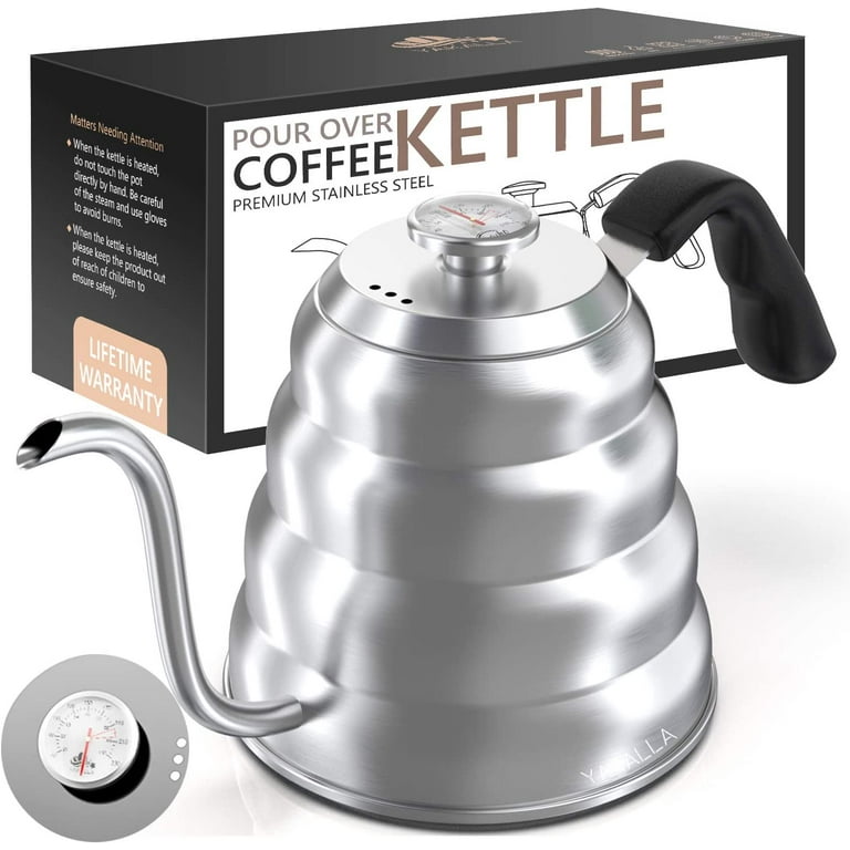 Gooseneck Kettle with Thermometer 40 oz/1.2L， Stainless Steel Goose Neck  Pour Over Tea Kettle with Triple Layered Base Anti-Rust ， Precision-Flow  Spout for Coffee and Tea，for All Stovetops 