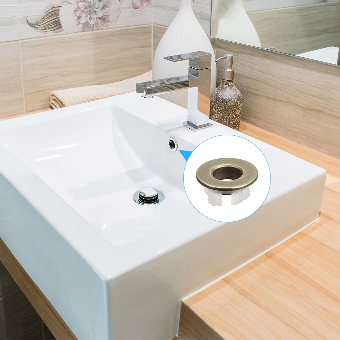 Unique Bargains 2pcs Round Copper Sink Basin Trim Overflow Cover Caps Brass Tone