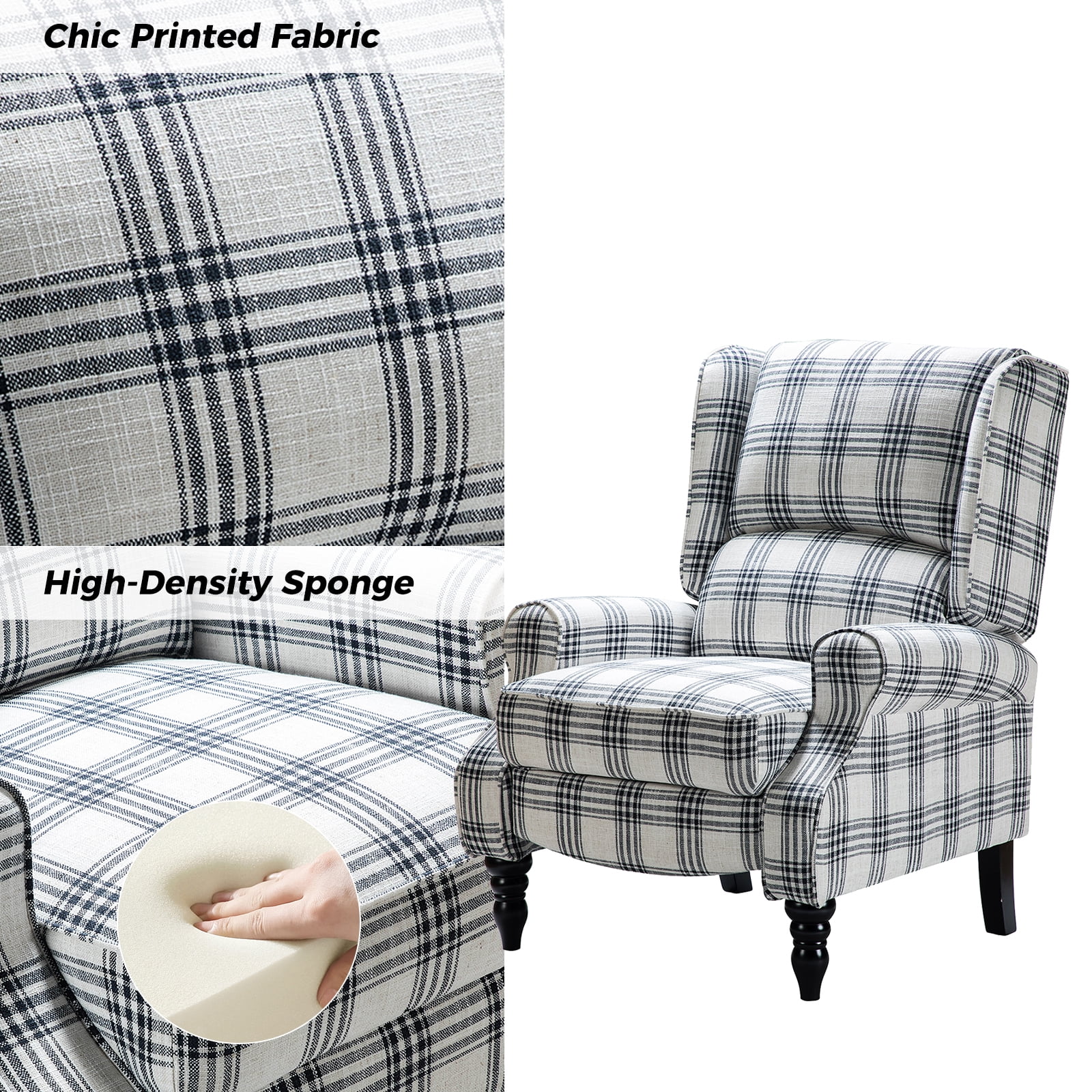 Tina's Home GREENGUARD Certified VintagePlaid Black Wingback Manual Push Back Recliner Chair Set of 2 for Living Room