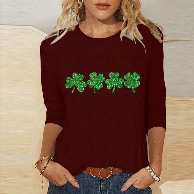 T-Shirt Ample à Manches Trois-Quarts et Col Rond Imprimé pour la Saint-Patrick pour Femmes