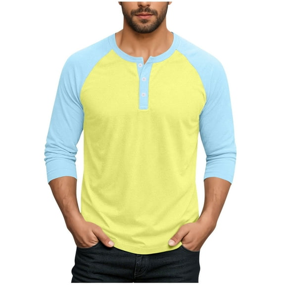 fatyb Men's Button T-Shirts Long Sleeve Color Block Tee Shirts Lightweight Casual Pullover Tops for Men