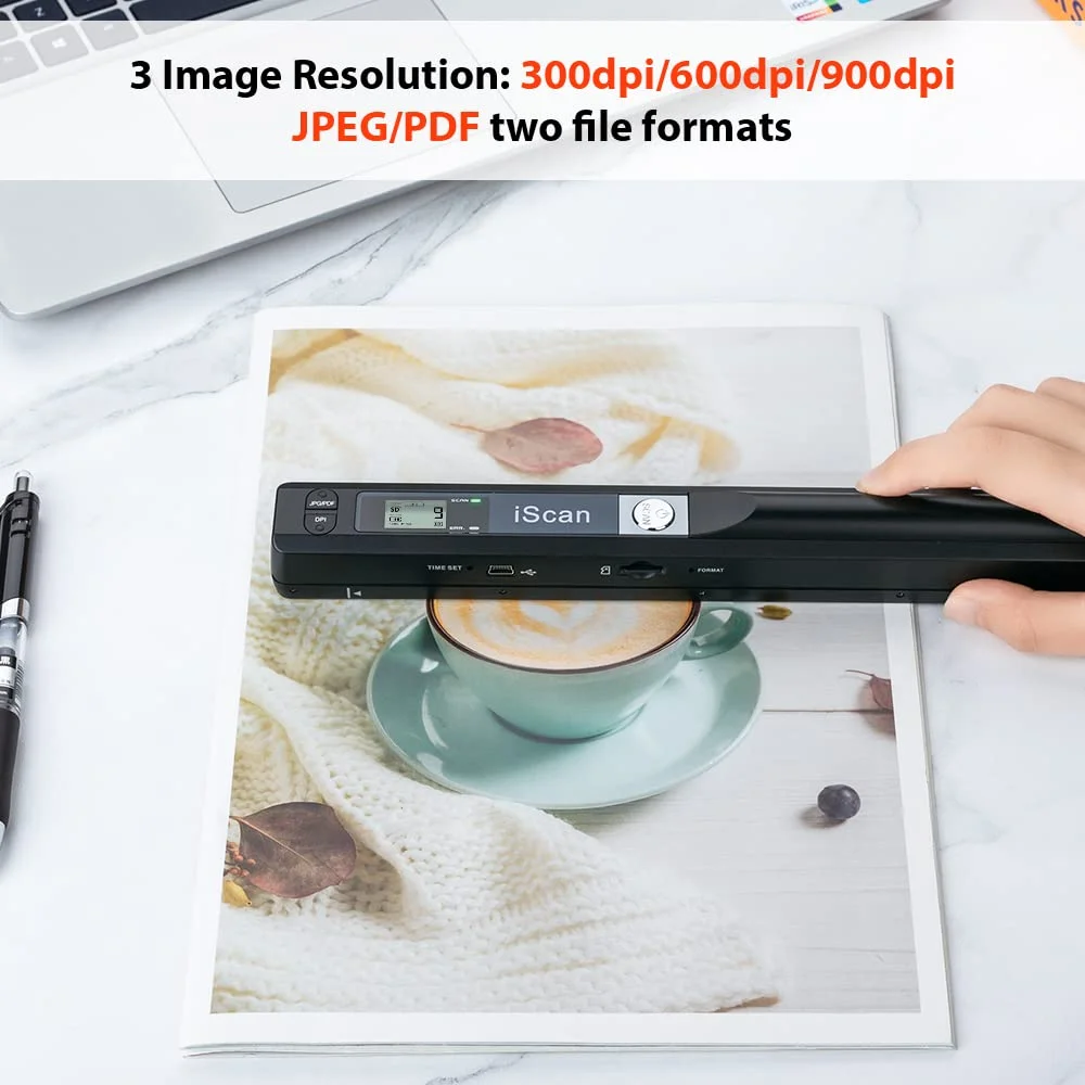 Portable Scanner, Photo Scanner for A4 Document Scanner 900DPI Handheld Scanner JPG/PDF Formate LCD Display for Business Image Picture Receipts Books Pages Texts, Support SD/TF Card (Silver)