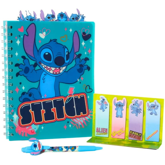 Innovative Designs Disney Stitch Tab Journal Spiral Notebook, Ballpoint Pen, Sticky Tabs, 96 Lined Pages, Blue