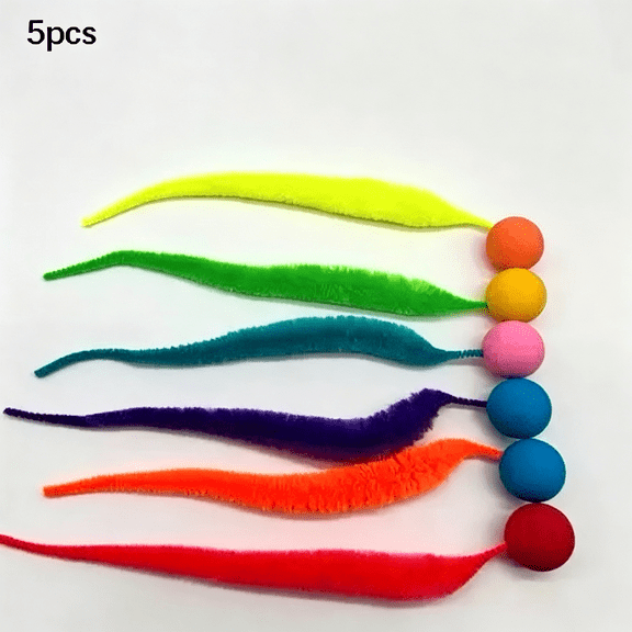 BESTSKY Bouncy Ball with Tail Cat Toys-5 Packs,Magic Worm with Ball Toy for Cats,Fuzzy Worm Bouncy Balls Cat Toy Cat Toys for Indoor Cats