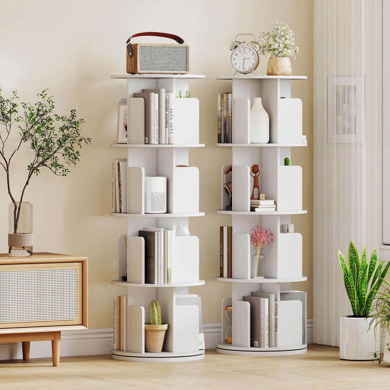Costway 1 PCS 4-Tier Rotating Bookshelf 360° Display Rack with Dividers & Anti-falling Baffles White