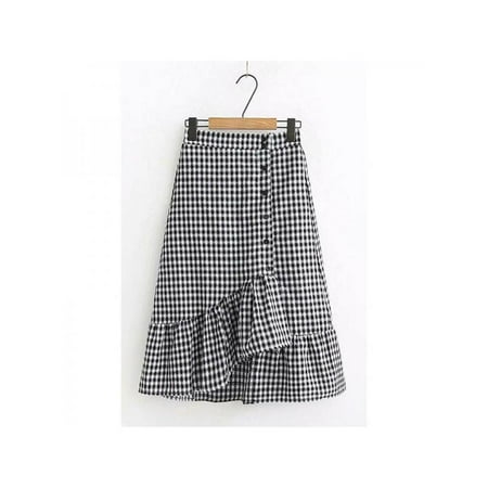 Long Ruffle Skirt - Funcee Literary Style Double-layer Women Vintage High Elastic Waist Irregular Thin Ruffled Plaid Print Wild Long Skirt