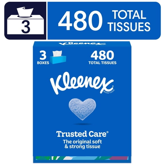 Kleenex Trusted Care Facial Tissues, 3 Flat Boxes, 160 Tissues per Box, 2-Ply