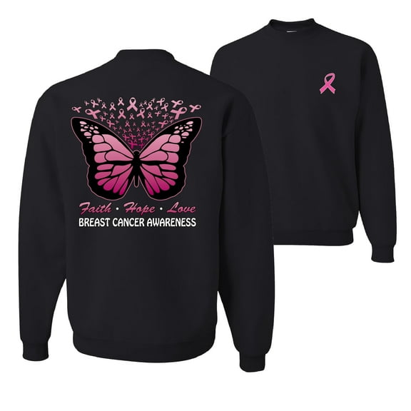 Wild Bobby Faith Hope Love Butterfly Ribbons Breast Cancer Awareness Front and Back Unisex Crewneck Sweatshirt, Black, Small