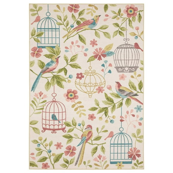 Oriental Weavers Fiji Washable Indoor/Outdoor Rug - FIJ05 - 2' x 3' - in Beige/ Multi - Floral, Birds and Cages Pattern, Non-Slip, Stain Resitant, Ultra Low Pile, Patio, Outdoor Living Area Rug