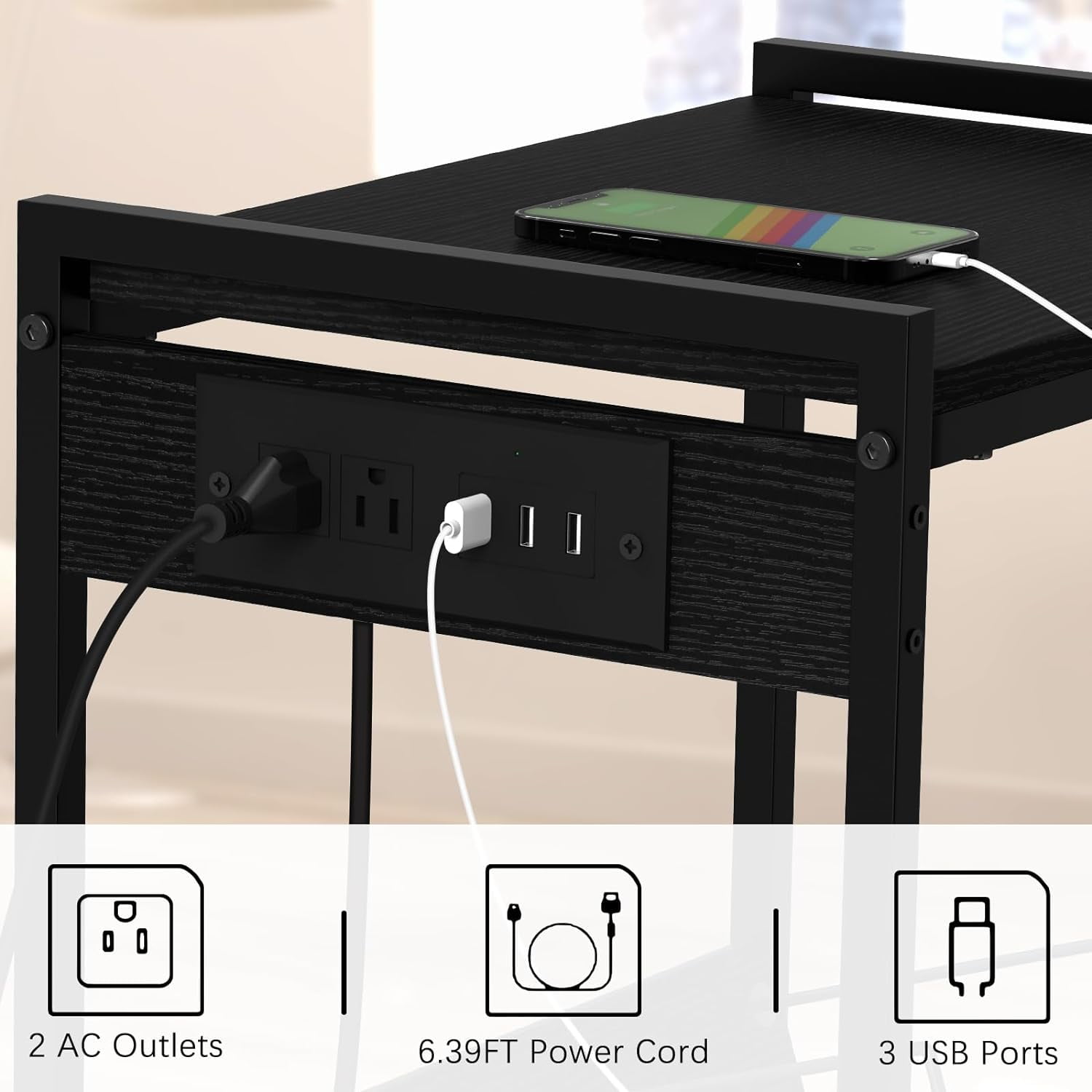 2-Tier End Table Record Player Stand with Charging Station and Vinyl Storage Shelf, Black