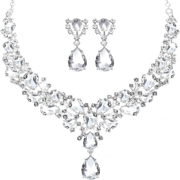 DESIGNICE Bridal Teardrop Cluster Crystal Jewelry Set for Women Necklace Earrings Wedding