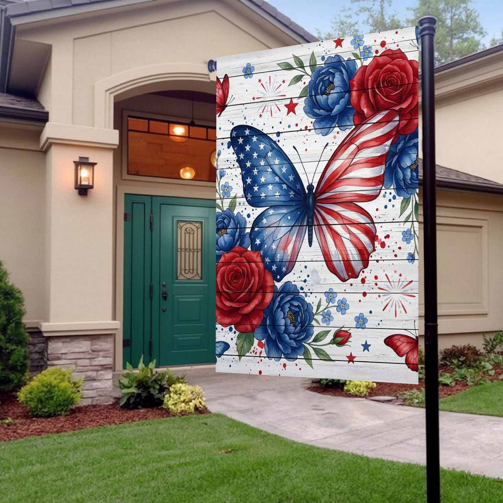 4th of July Garden Flags Red White Blue Butterfly Garden Flag Double Sided Welcome Flag Star Rose Flower Independence Day Yard Flags for Outdoor Lawn Porch Memorial Day Holiday Decor 28x40 Inch