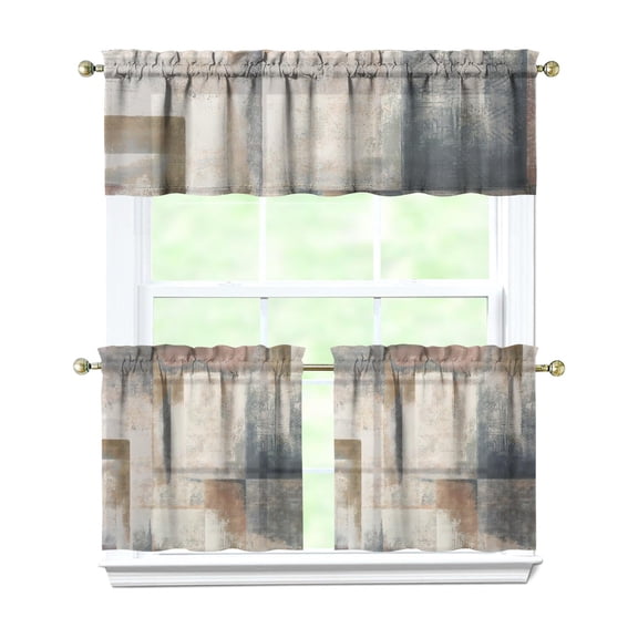Gray Abstract Oil Painting 3-Piece Kitchen Curtains Set Kitchen Curtains Sets with Valance for Windows Rod Pocket Machine Washable Kitchen Decor Decorations (54"x18" 2x27.5"x24")