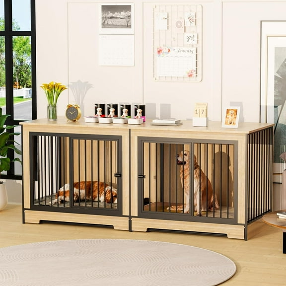 Furniture Dog Crate for Large Dogs, 75" Double Door Heavy Duty Dog Kennel with Removable Divider, XXL Wooden Dog Crate TV Stand, End Table, Pet Crate Cabinet for Home Decor