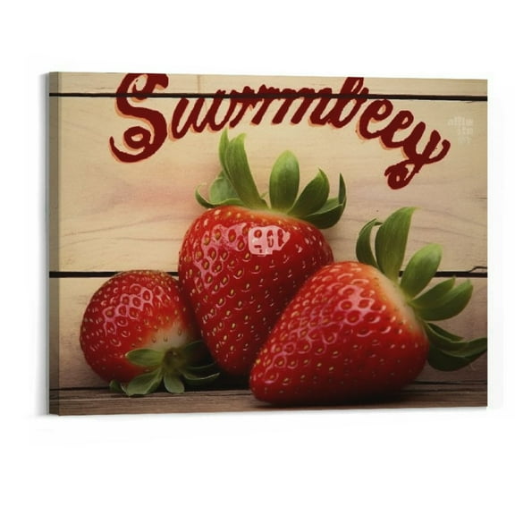 Creowell Canvas Wall Art Home Decor Picture Prints Posters Oil Painting Framed Strawberry Fruit Wood Grain Artwork for Bedroom Living Room Bathroom Office Kitchen Decoration 20x16 Inch