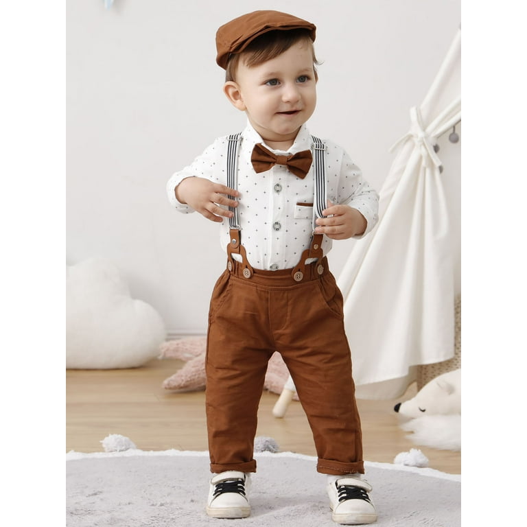 CARETOO Baby Boy Formal Clothes Outfit 0 24M Suspender Pants Bowtie Beret Hat Cotton Fabric 4pcs Set