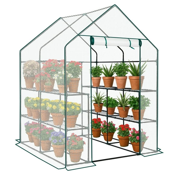 Ktaxon Serre Mini 56"x56"x77 Pouces à Entrée Piétonne avec 8 Tablettes, Abri pour Plantes Intérieur Extérieur avec Housse PE pour Jardinage, Blanc