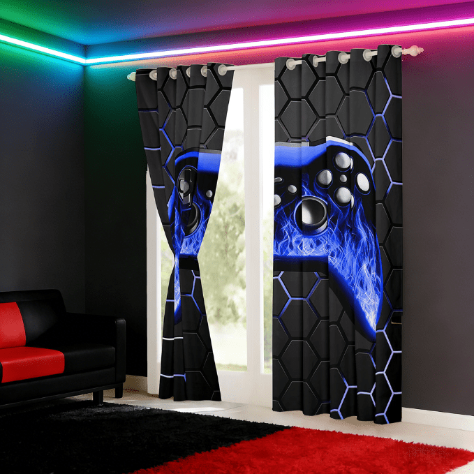 Manfei Gaming Curtains for Living Room,Game Gamer Controller Blackout Curtains Set of 2 (42x63),Gradent Navy Black Curtains and Drapes (42x63) For Boy,Microfiber Room Decor