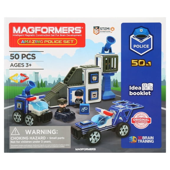 Magformers Amazing Police 50 Pieces, Wheels, Blue red colors, Magnetic Geometric tiles STEM Toy Ages 3 