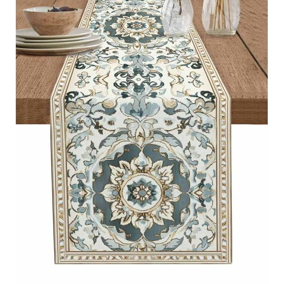 Farmhouse Boho Burlap Cotton Table Runner 13x70 Inches Long, Vintage Farmhouse Bohemia Pattern Art Farmhouse Table Runners, Outdoor Dining Tablecloths Decor for Baby Shower/Party/Wedding