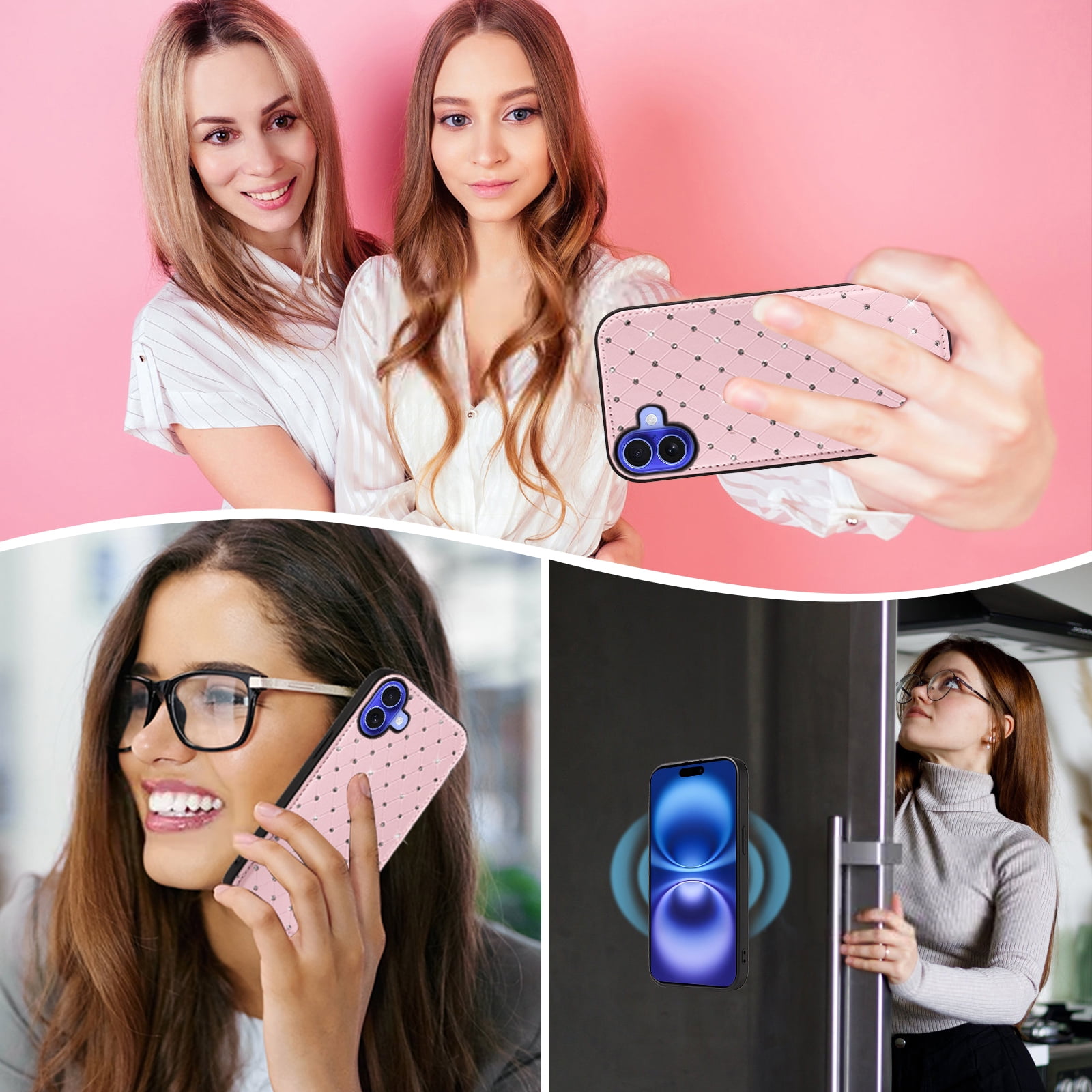 Asuwish Phone Case for iPhone 16 6.1 inch Zipper Wallet Detachable Cell Cover with Tempered Glass Screen Protector Crossbody Lanyard Strap Bling Glitter Flip Card Holder Slot i Phone16 i16Case Pink