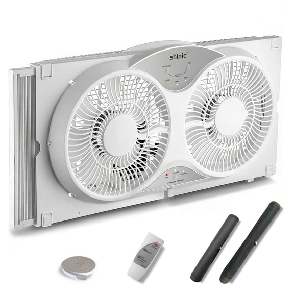 Shinic 9" Twin Window Fan with Remote Control, Reversible Airflow, 3 Speeds, Expandable Panels from 24" to 37", ETL Certified