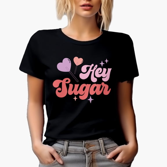 Retro Hey Sugar feat. Heart Lollipops, Valentine's Day Art Merch Gift, Black T-Shirt, Small