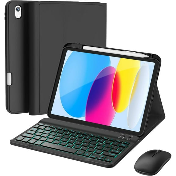 for iPad 11th (A16, 2025) Case with Keyboard, Mouse and Detachable Wireless Keyboard, 7-Color Backlight, Slim Case with Pencil Holder, Black