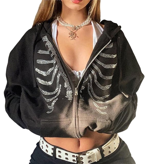 Sudadera con Capucha y Cremallera para Mujer, con Estampado de Calaveras de Gran Tamaño, Chaquetas Informales de Moda de Otoño e Invierno Negro XL