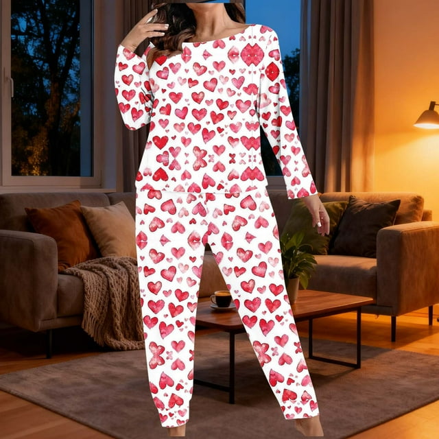 TaTaai Women's Valentine's Day Plus Size Printed Loungewear Set, Long Sleeve Top and Pants, Casual Sleepwear Two Piece Gift