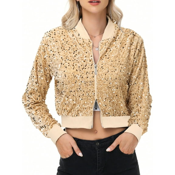 Women's Sequin Zip-Up Bomber Jacket with Ribbed Trim and Long Sleeves - X Large, Gold