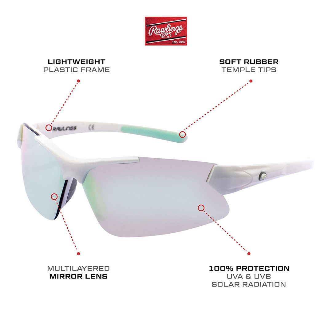 Rawlings Youth Kids Athletic Sunglasses 107 White/Mint Mirrored Lens 10257010QTS - image 3 of 8